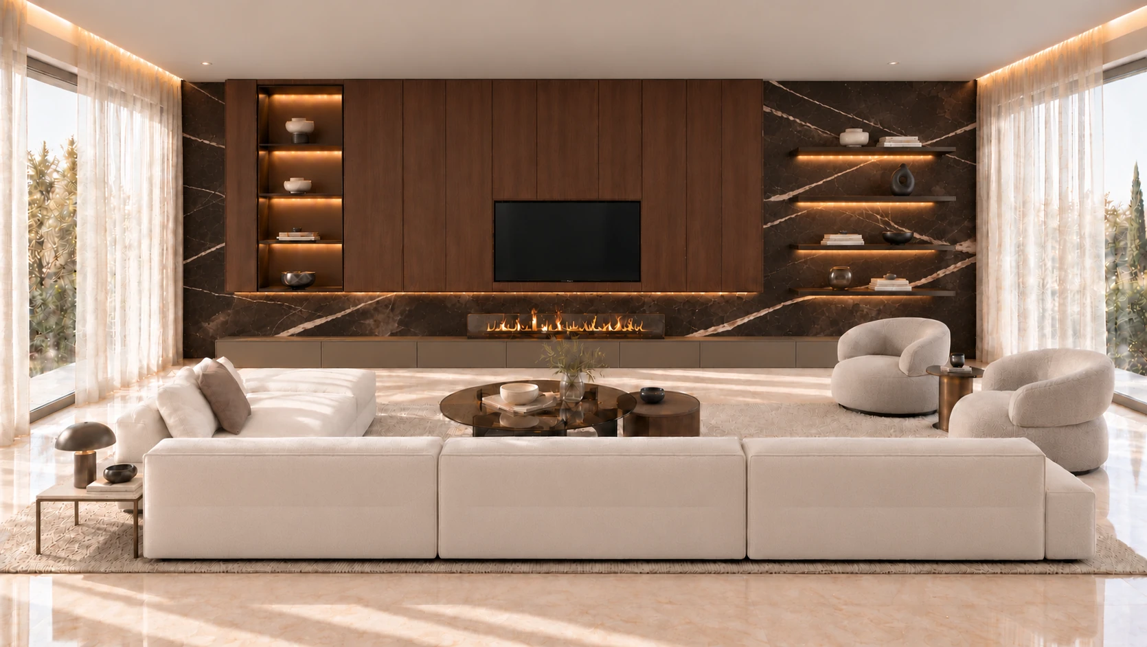 Melina’s Royal Bay living room with ivory seating and an illuminated media wall